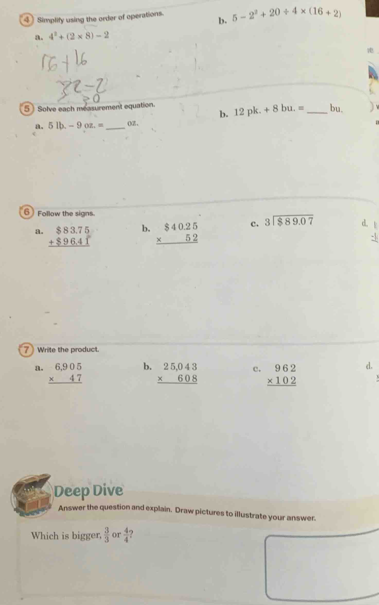 4 simplify using the order of operations. a. \\(4^2 + (2 \\times 8) - 2…