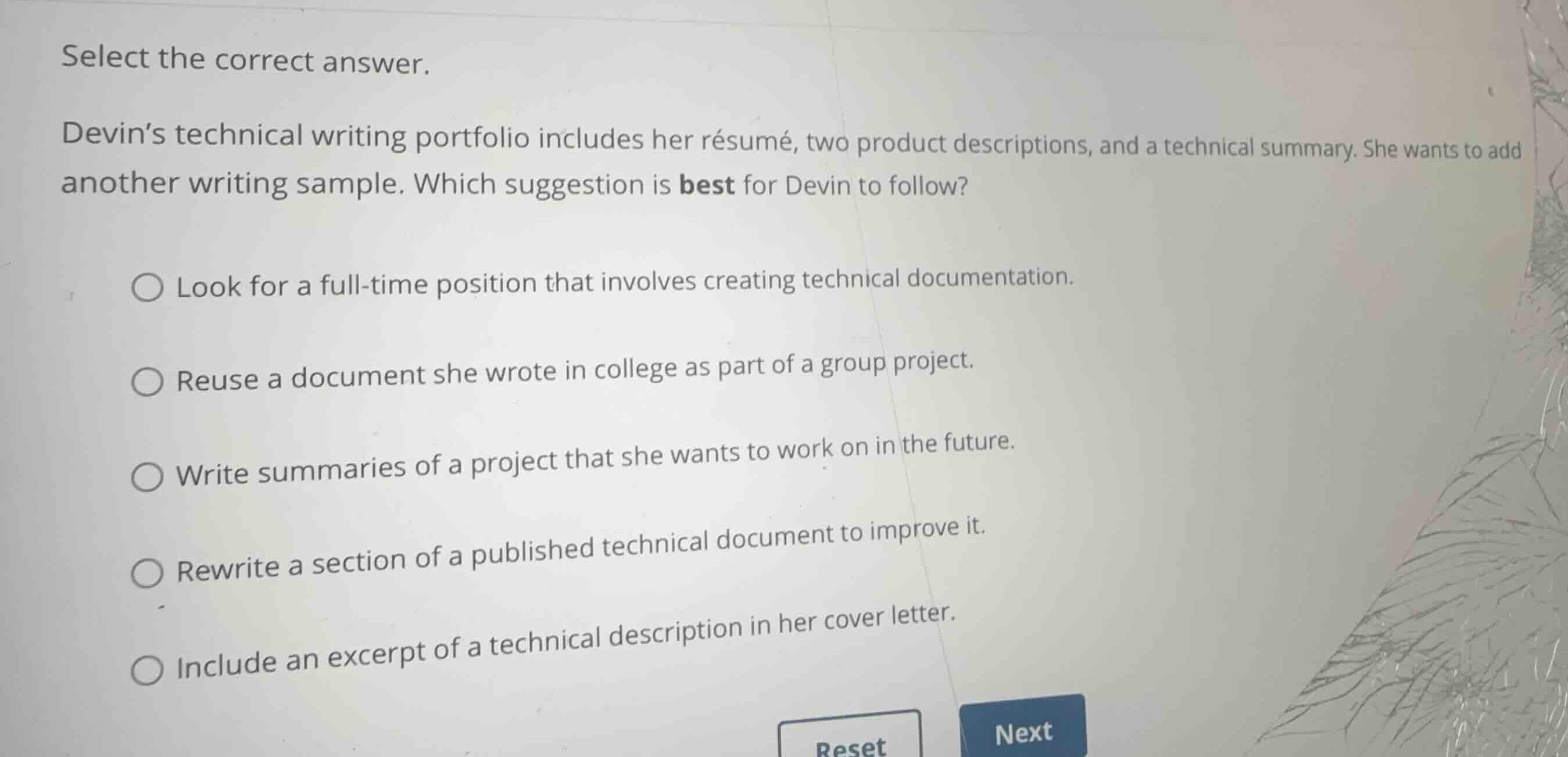 select the correct answer. devins technical writing portfolio includes …