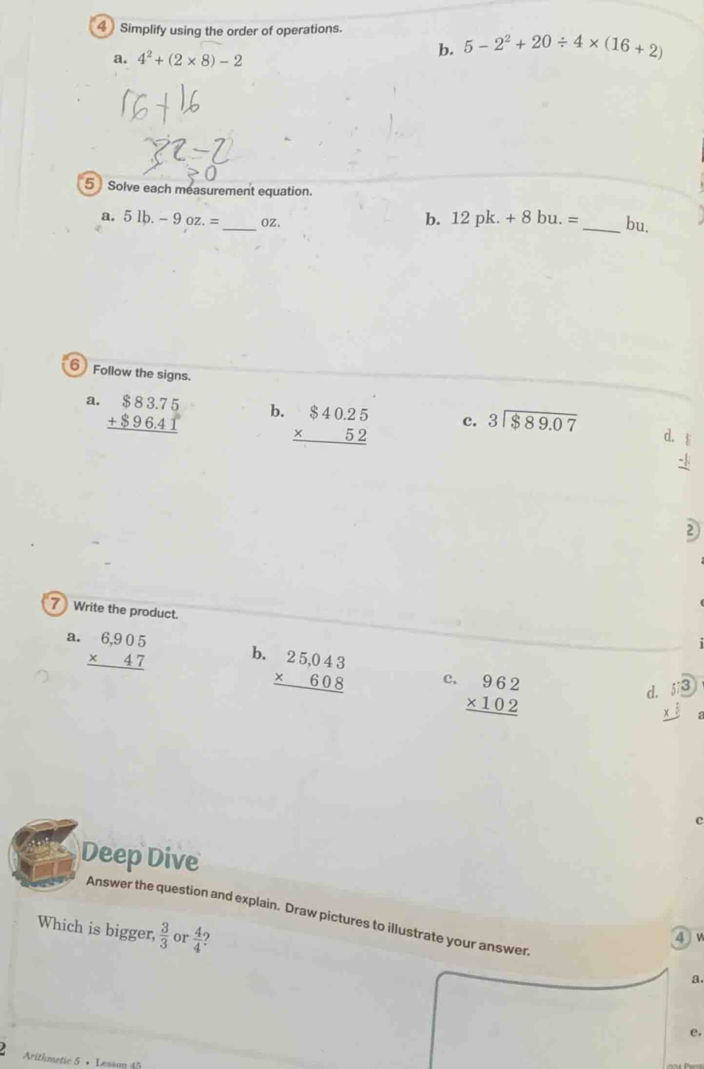 4 simplify using the order of operations. a. (4^2 + (2 \times 8) - 2) b…