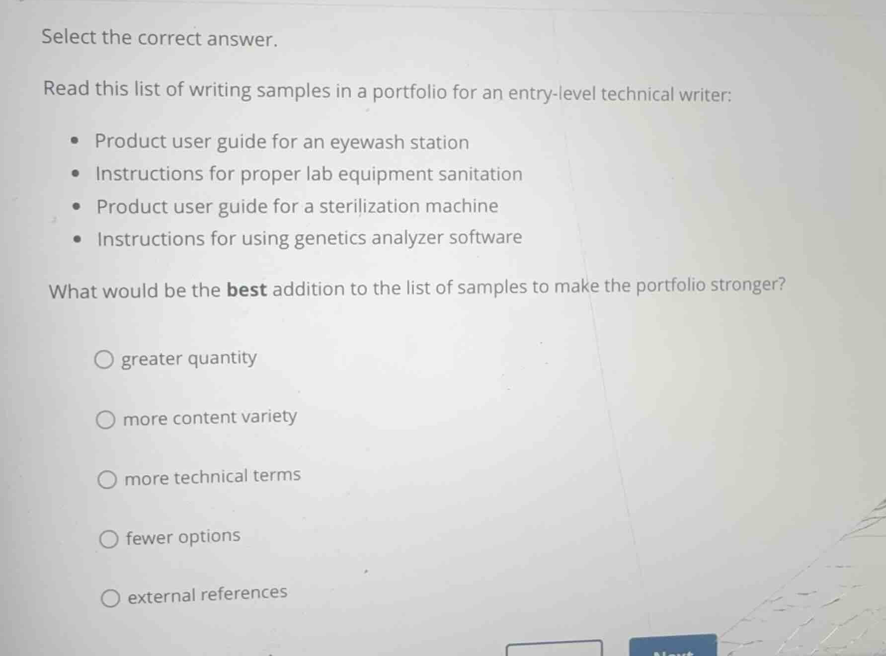select the correct answer. read this list of writing samples in a portf…