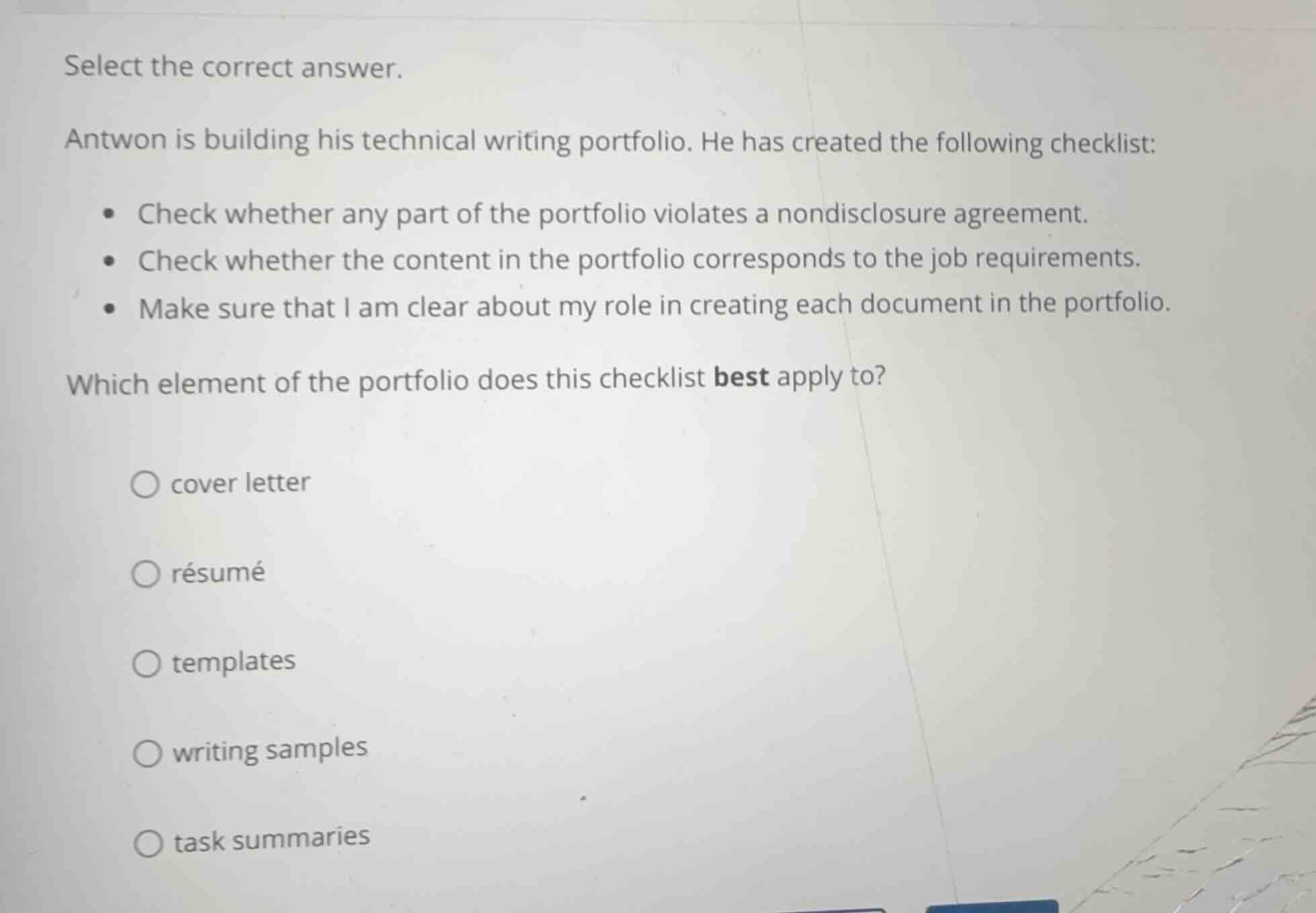 select the correct answer. antwon is building his technical writing por…