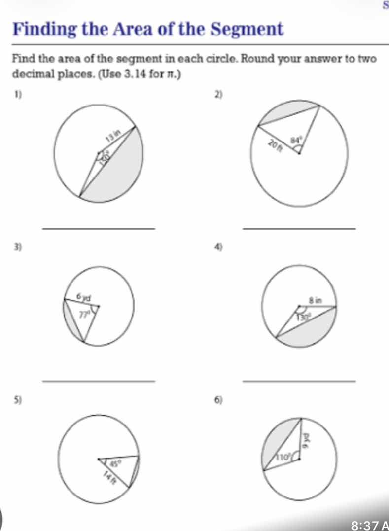 finding the area of the segment find the area of the segment in each ci…