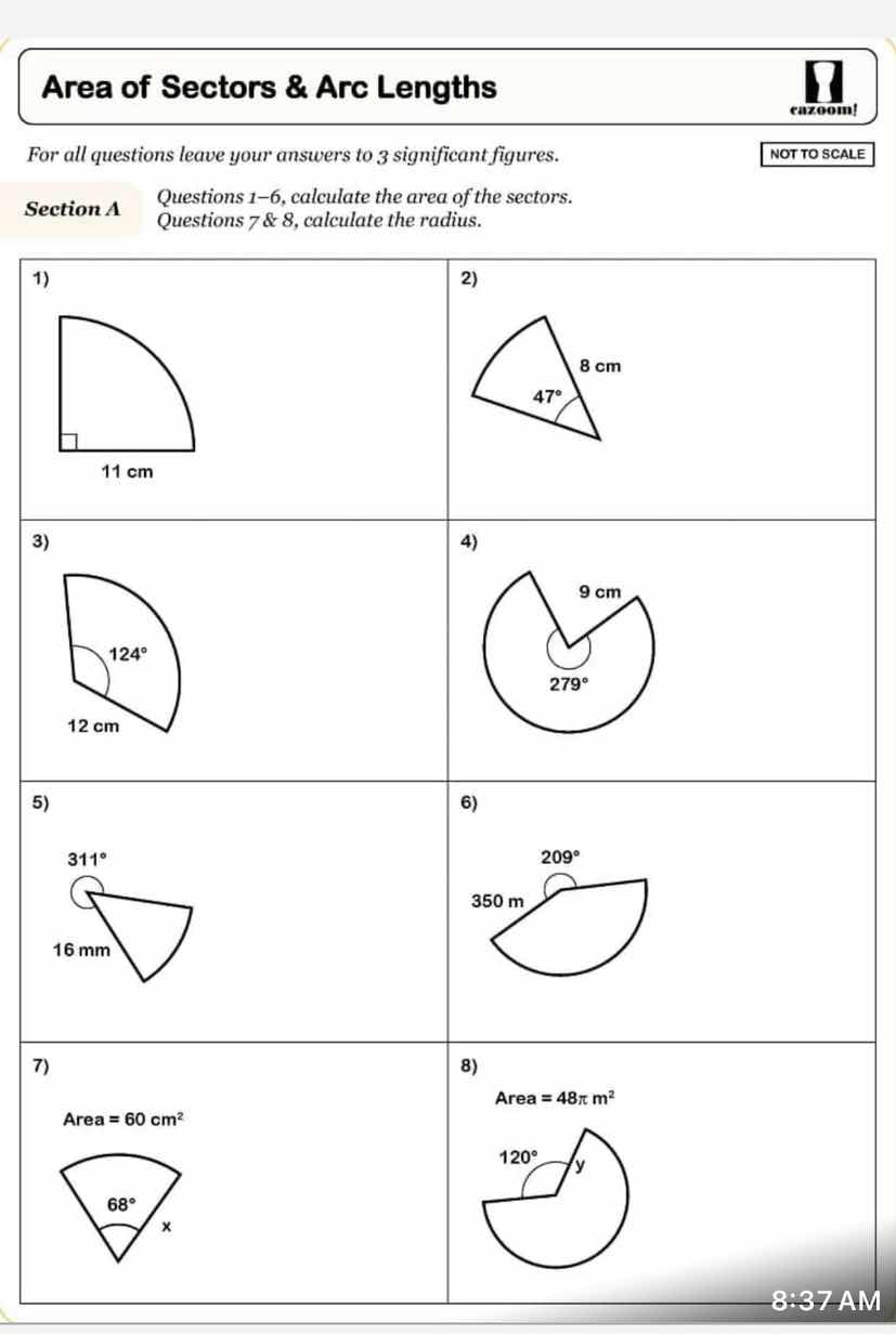 area of sectors & arc lengths for all questions leave your answers to 3…