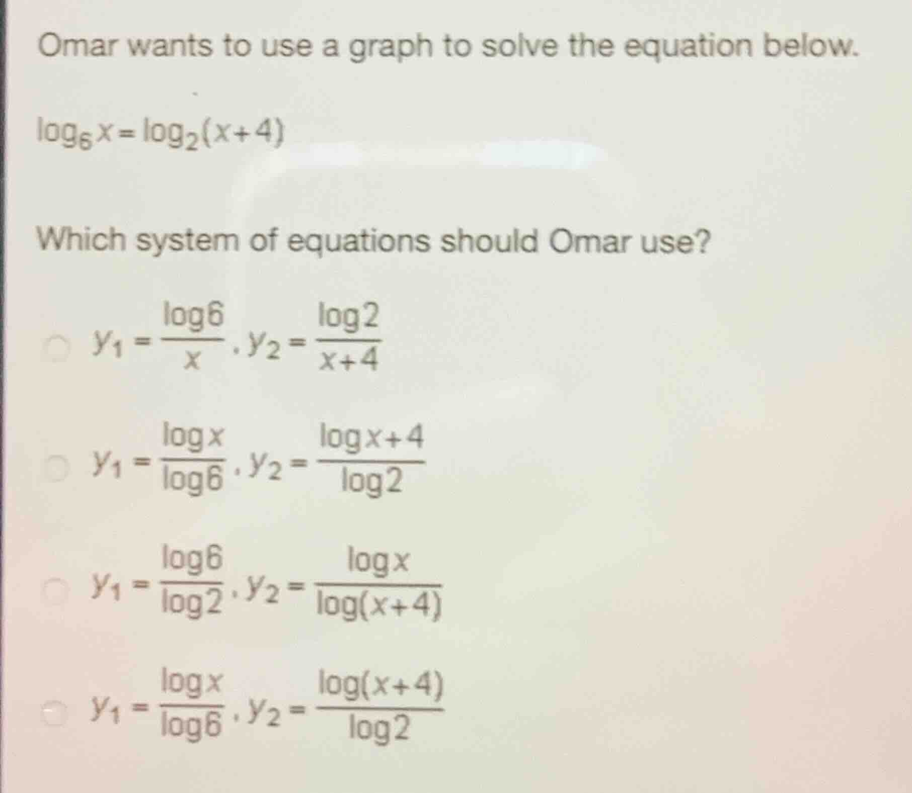omar wants to use a graph to solve the equation below. \\(\\log_{6} x =…