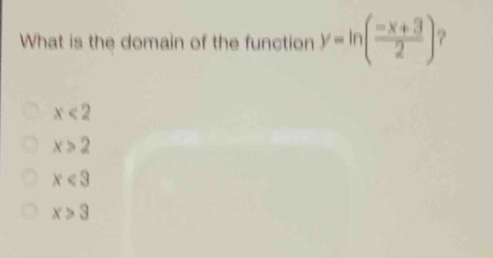 what is the domain of the function \\( y = \\ln\\left(\\frac{-x+3}{2}\ …
