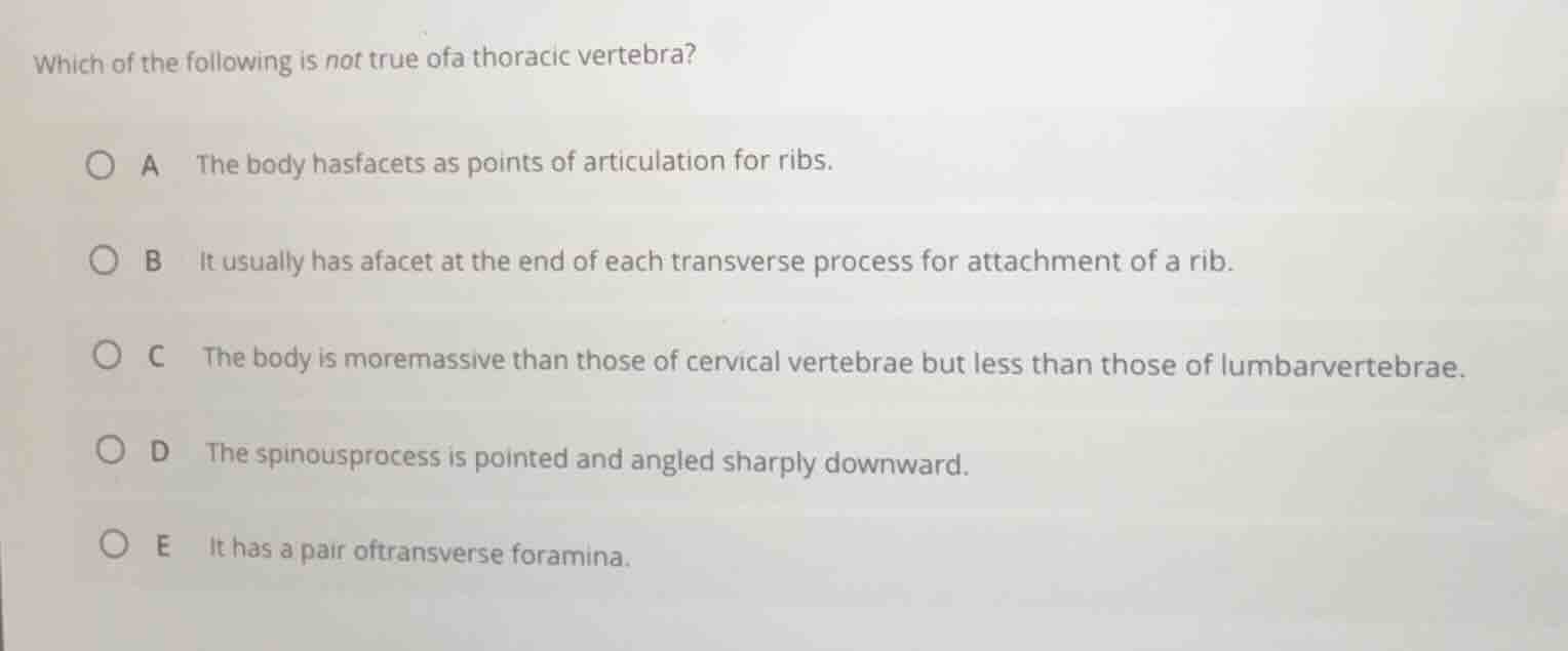 which of the following is not true of a thoracic vertebra? a the body h…