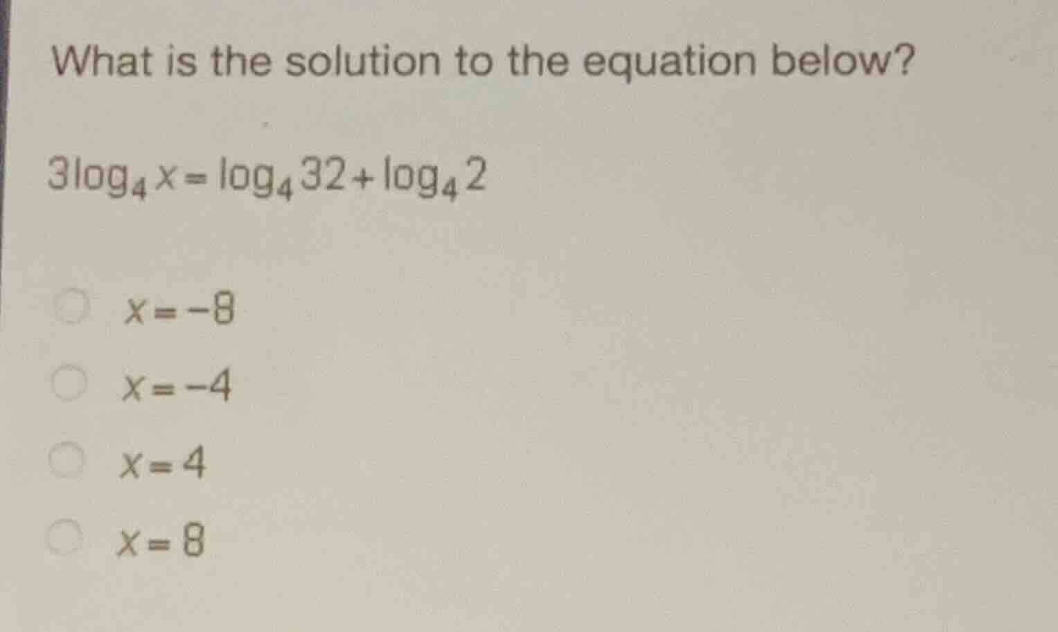 what is the solution to the equation below? \\3\\log_{4} x = \\log_{4} …