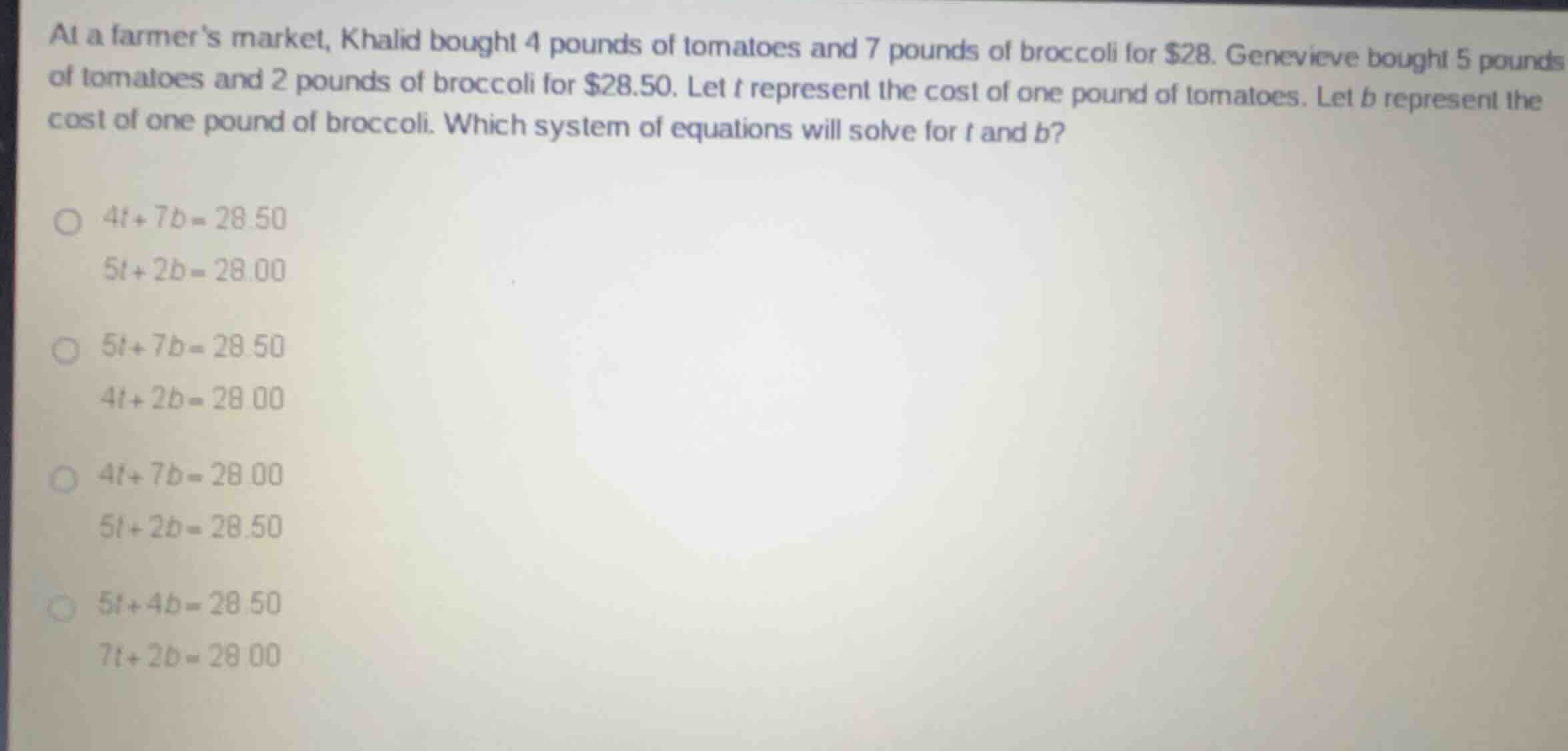 at a farmers market, khalid bought 4 pounds of tomatoes and 7 pounds of…