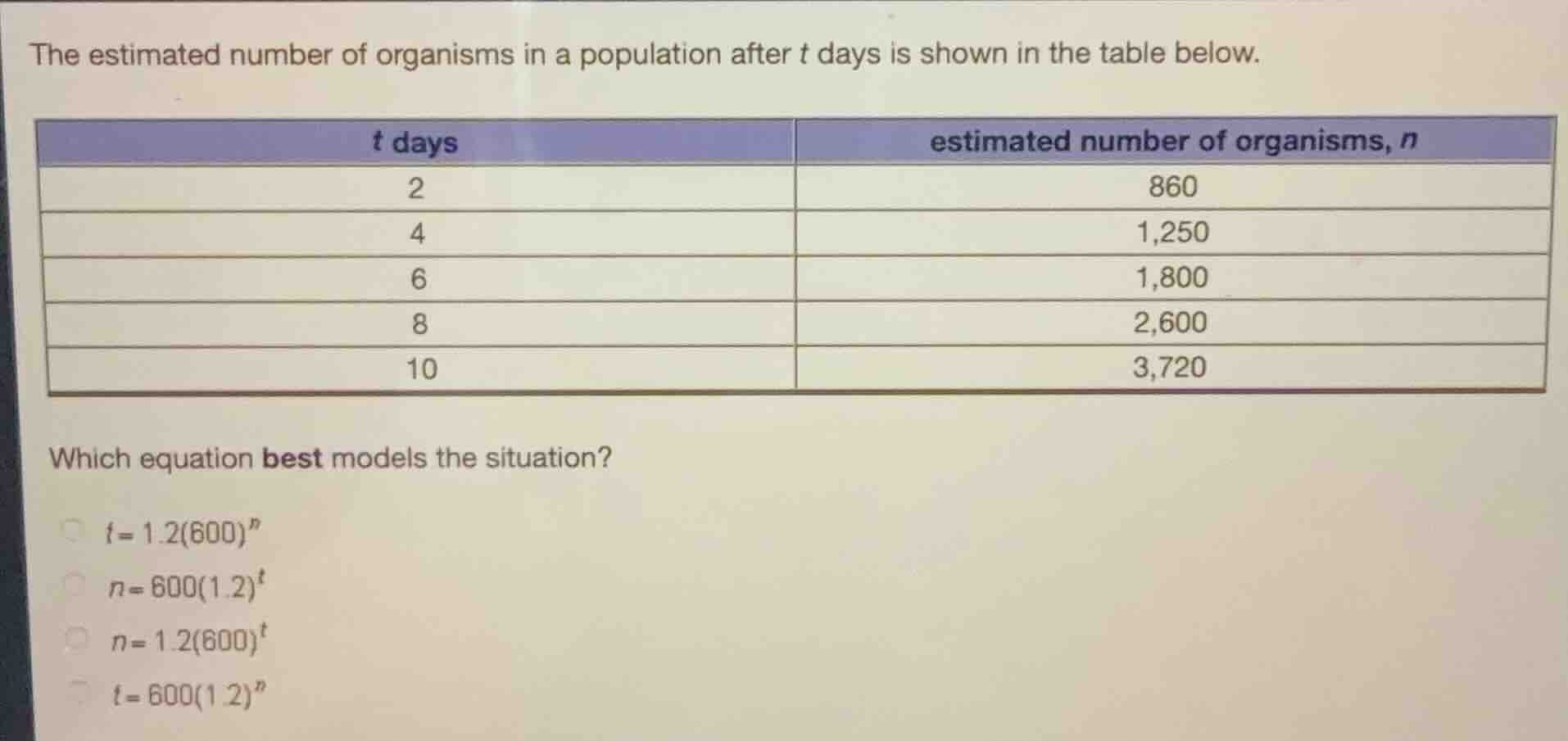the estimated number of organisms in a population after \\(t\\) days is…