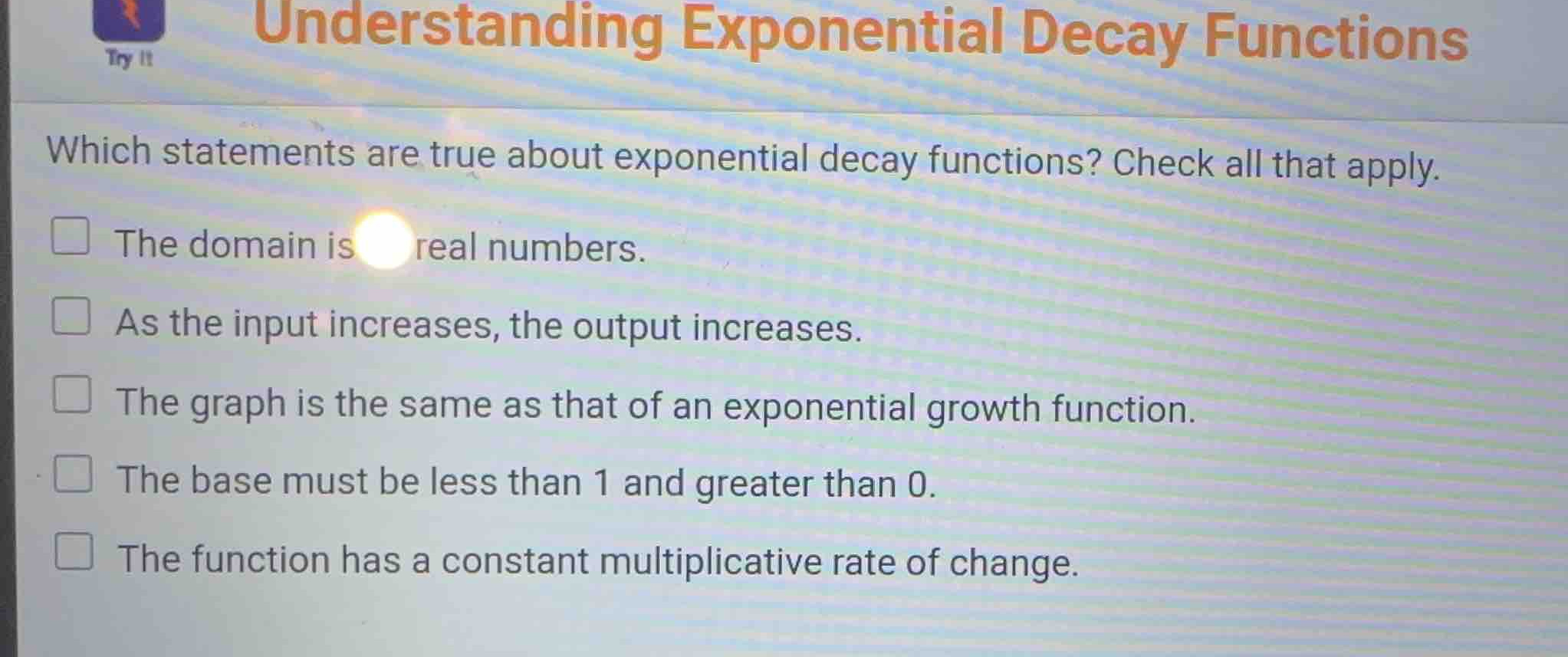 understanding exponential decay functions which statements are true abo…