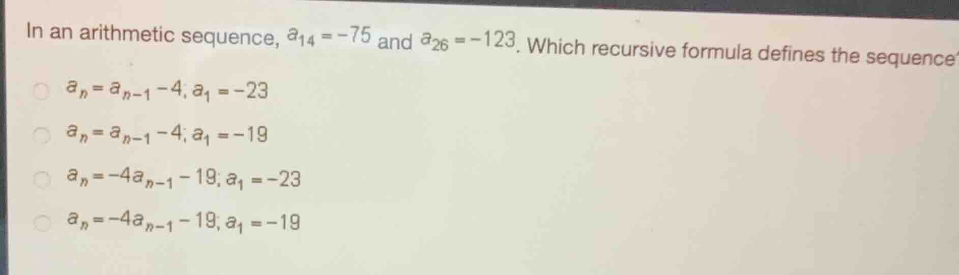 in an arithmetic sequence, \\(a_{14} = -75\\) and \\(a_{26} = -123\\). …