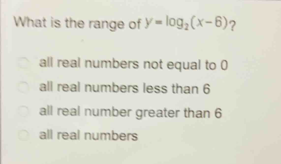what is the range of \\(y = \\log_{2}(x-6)\\)? all real numbers not equ…