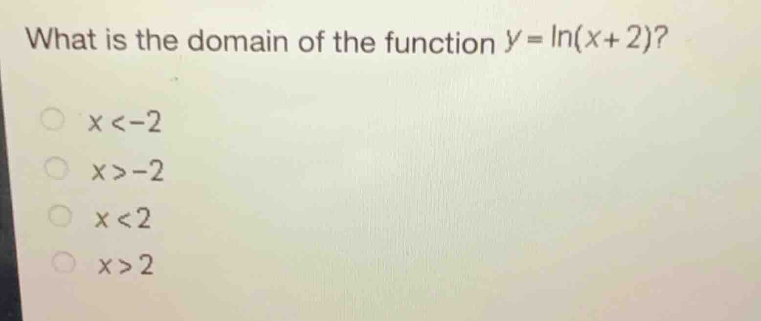 what is the domain of the function (y = \\ln(x + 2))? - (x < -2) - (x >…
