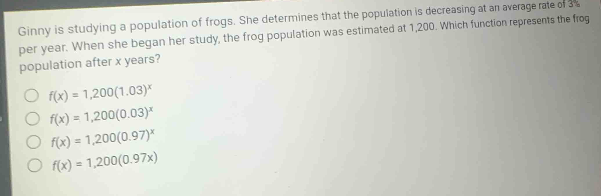 ginny is studying a population of frogs. she determines that the popula…