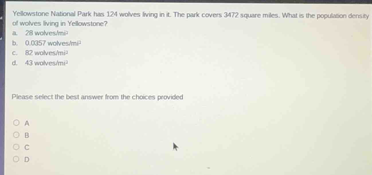 yellowstone national park has 124 wolves living in it. the park covers …