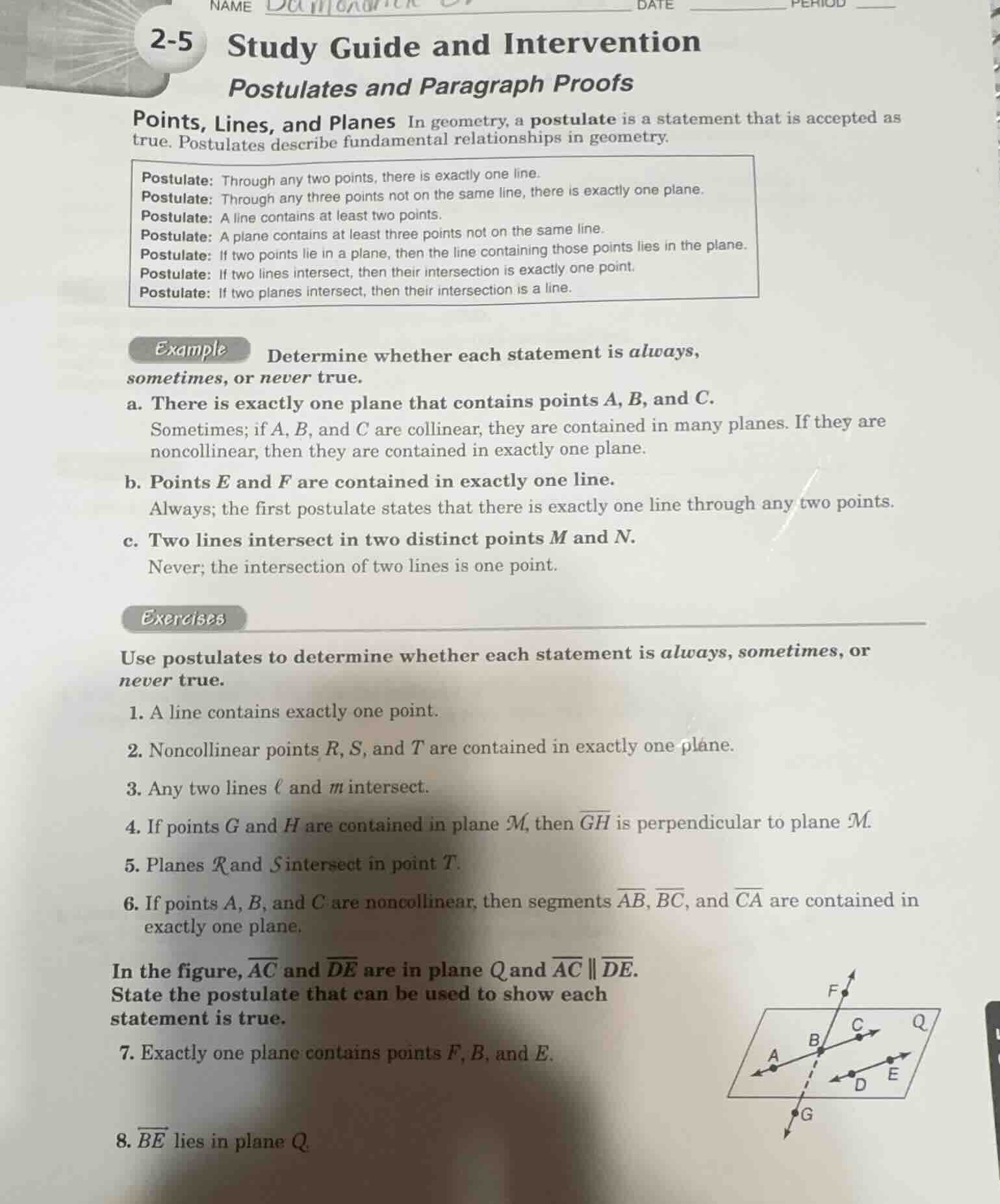 2-5 study guide and intervention postulates and paragraph proofs points…