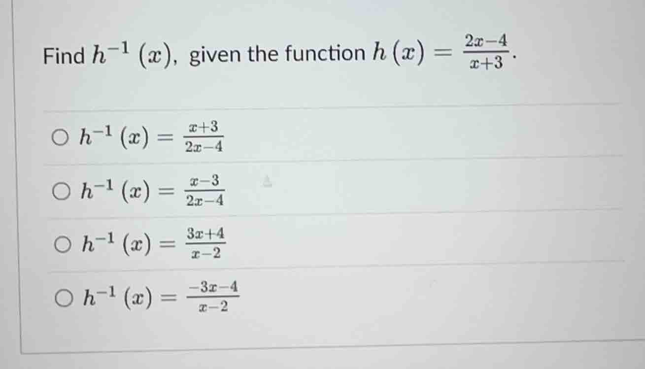 find (h^{-1}(x)), given the function (h(x) = \\frac{2x-4}{x+3}). \\(h^{…