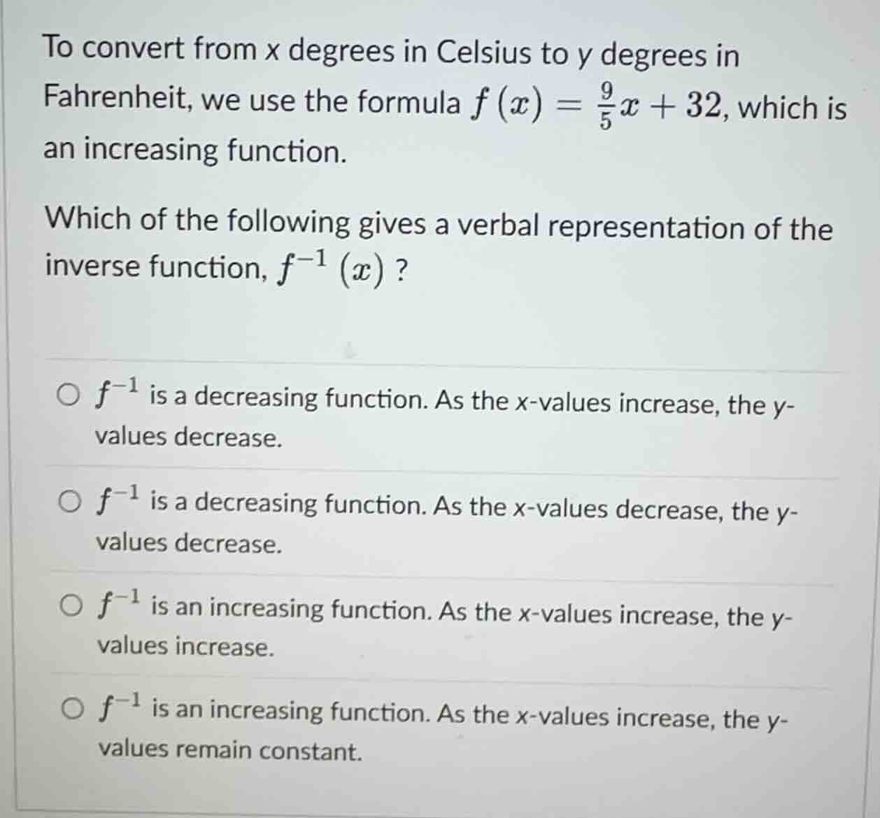 to convert from (x) degrees in celsius to (y) degrees in fahrenheit, we…