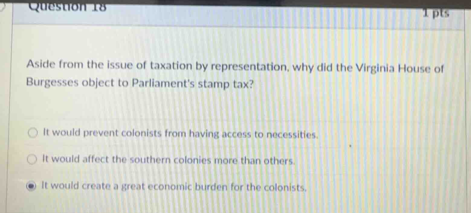 question 18 1 pts aside from the issue of taxation by representation, w…