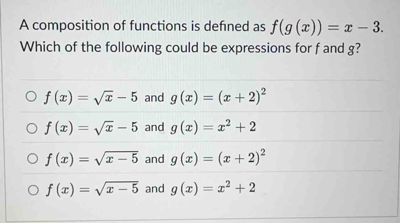 a composition of functions is defined as (f(g(x)) = x - 3). which of th…