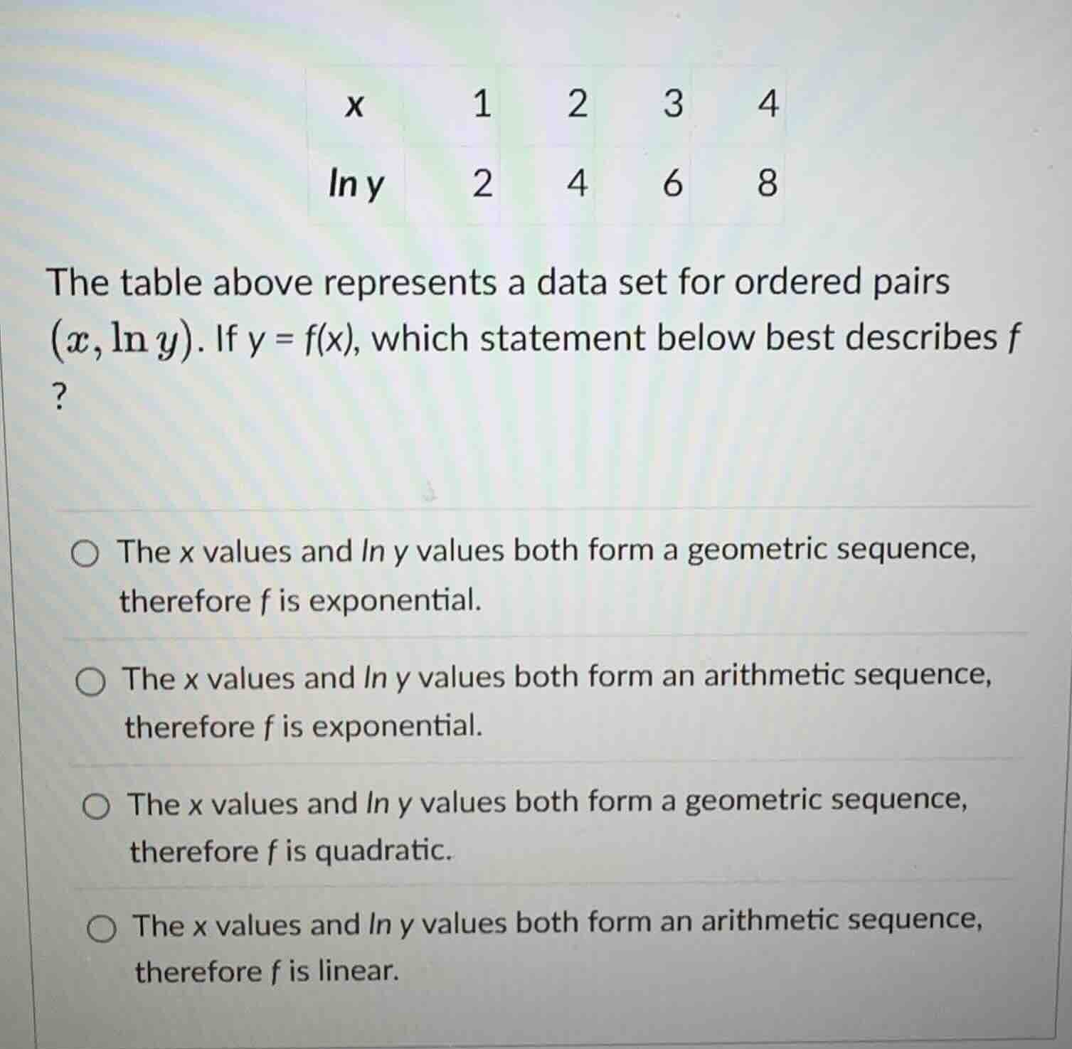 the table above represents a data set for ordered pairs \\((x, \\ln y)\…