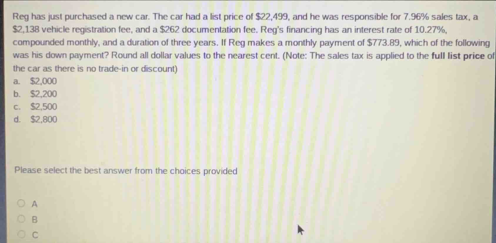 reg has just purchased a new car. the car had a list price of \\$22,499…