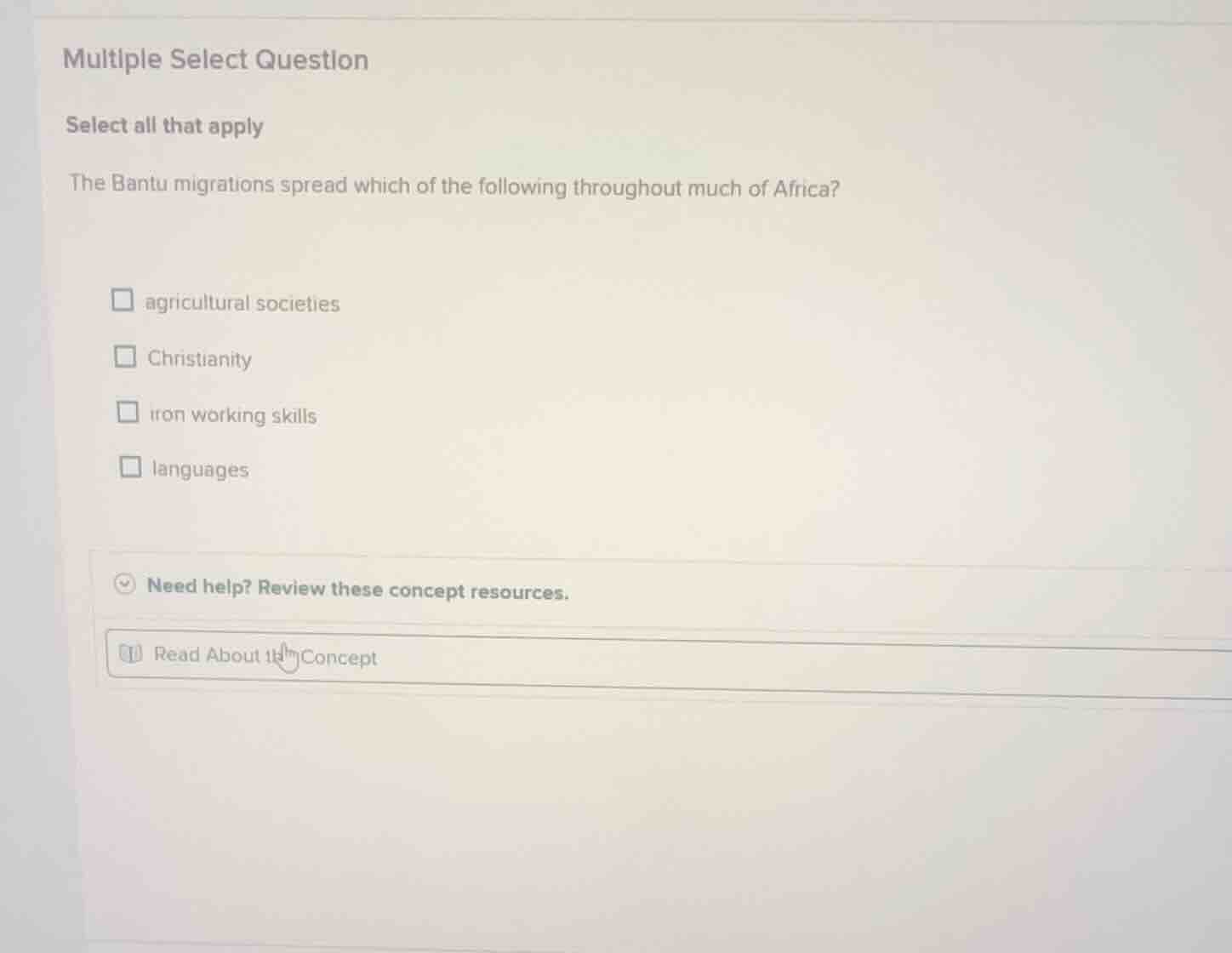 multiple select question select all that apply the bantu migrations spr…