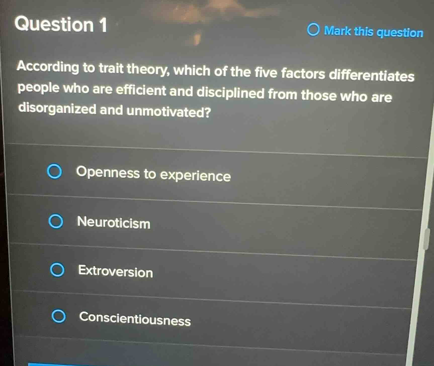 question 1 according to trait theory, which of the five factors differe…