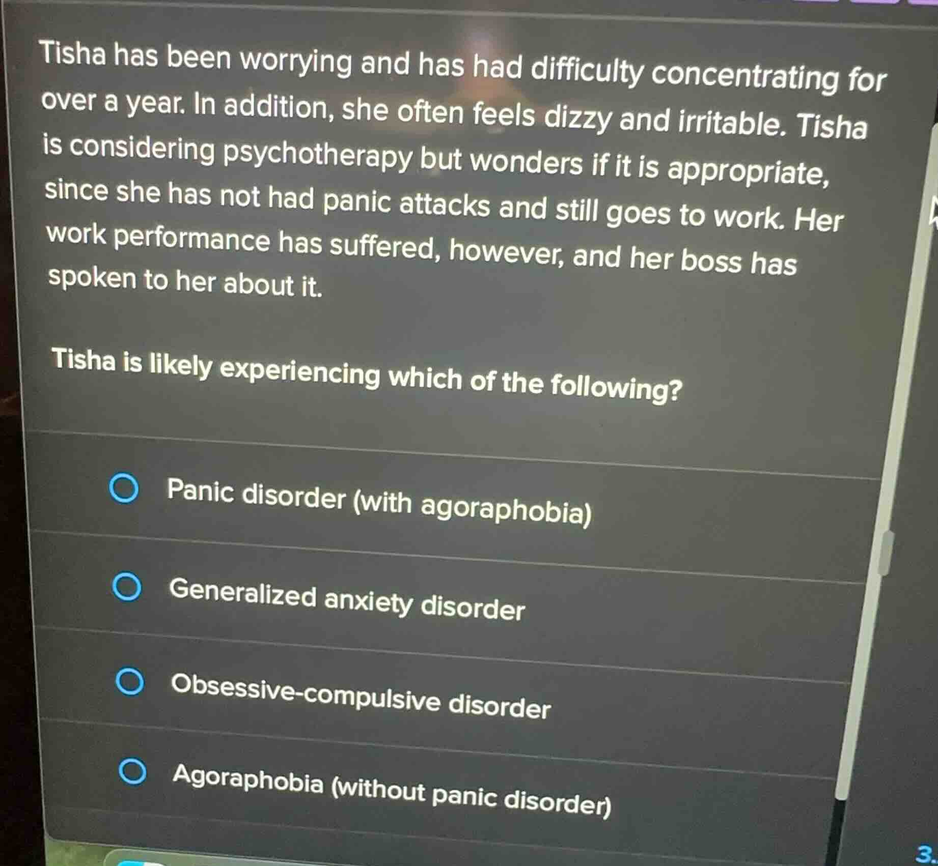 tisha has been worrying and has had difficulty concentrating for over a…