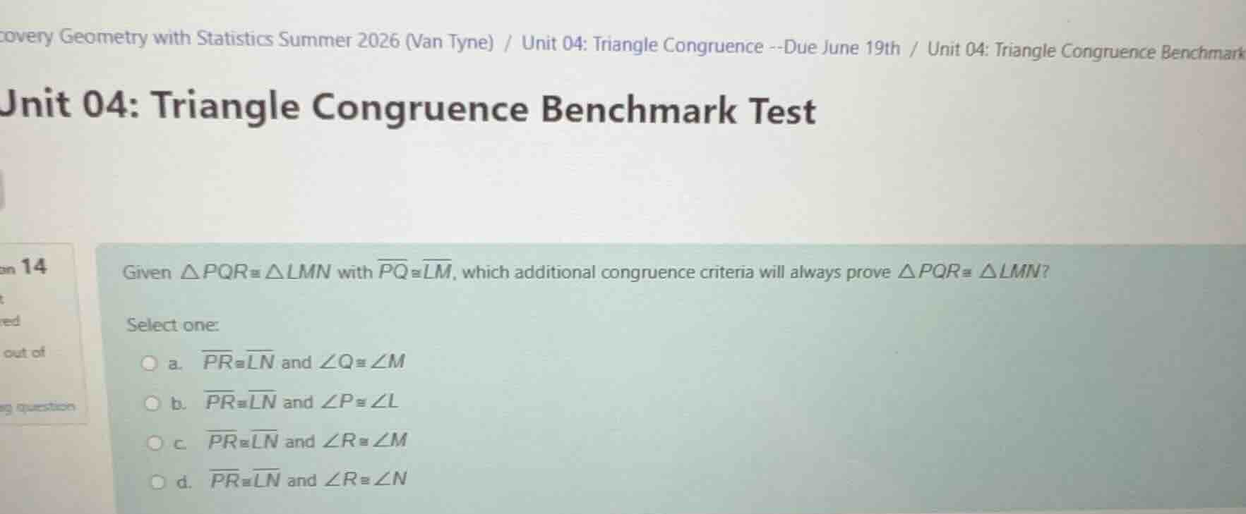 unit 04: triangle congruence benchmark test given \\(\\delta pqr \\cong…