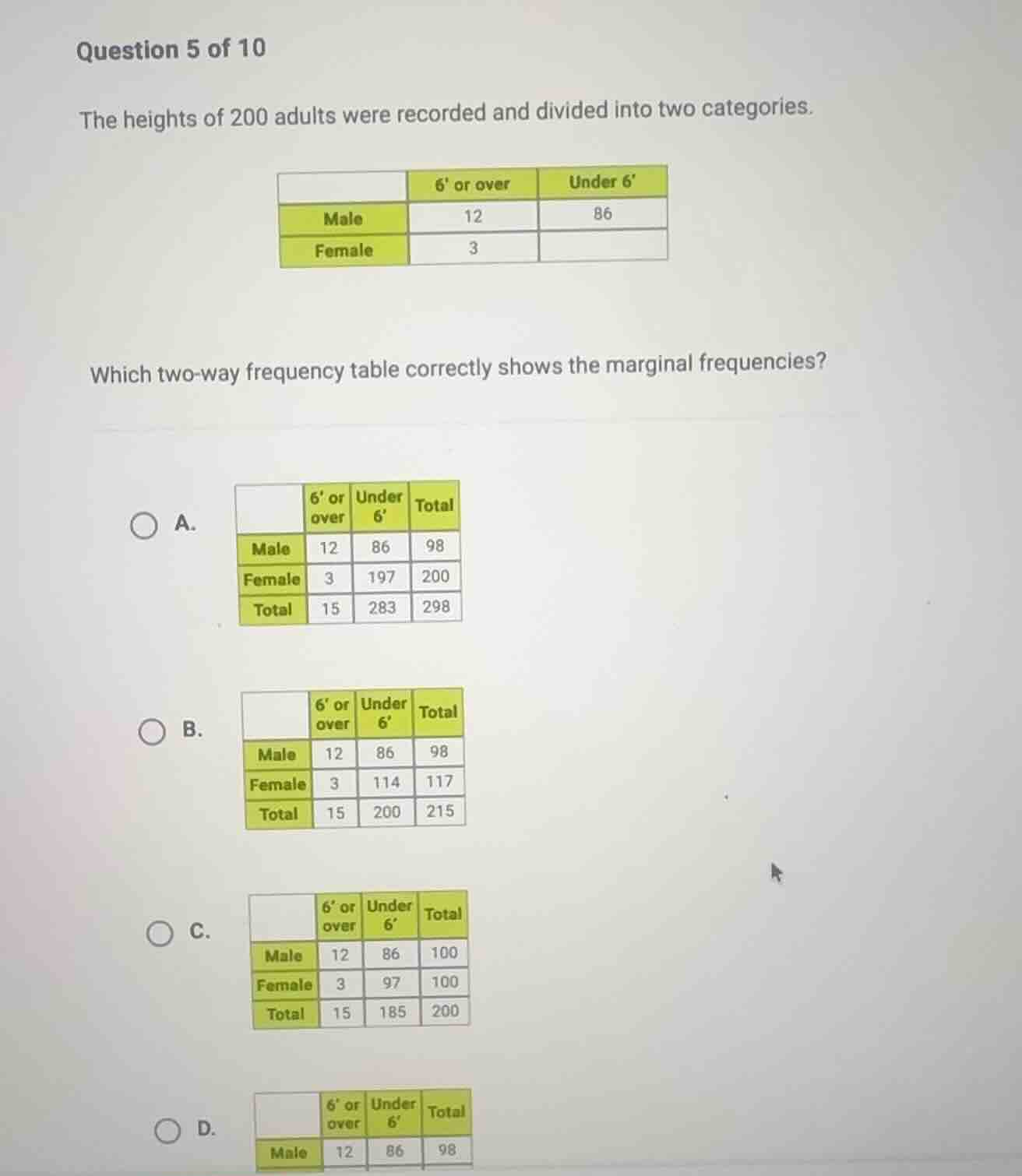question 5 of 10 the heights of 200 adults were recorded and divided in…
