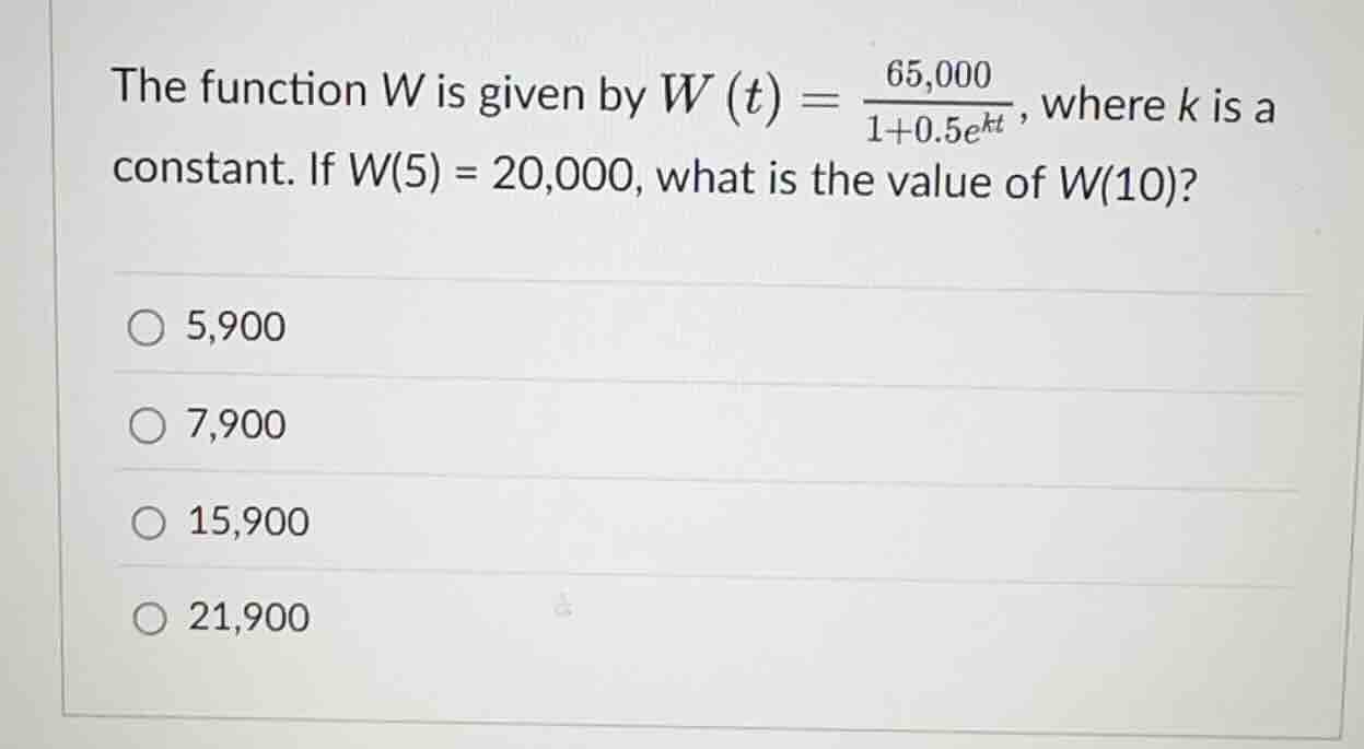 the function \\(w\\) is given by \\(w(t) = \\frac{65,000}{1 + 0.5e^{kt}…
