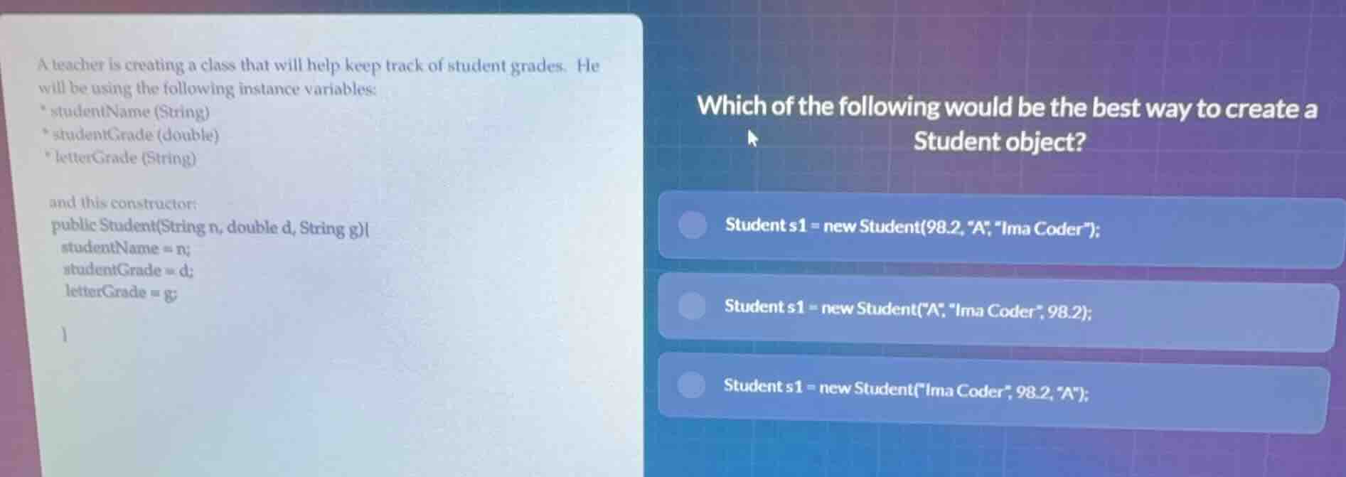 a teacher is creating a class that will help keep track of student grad…