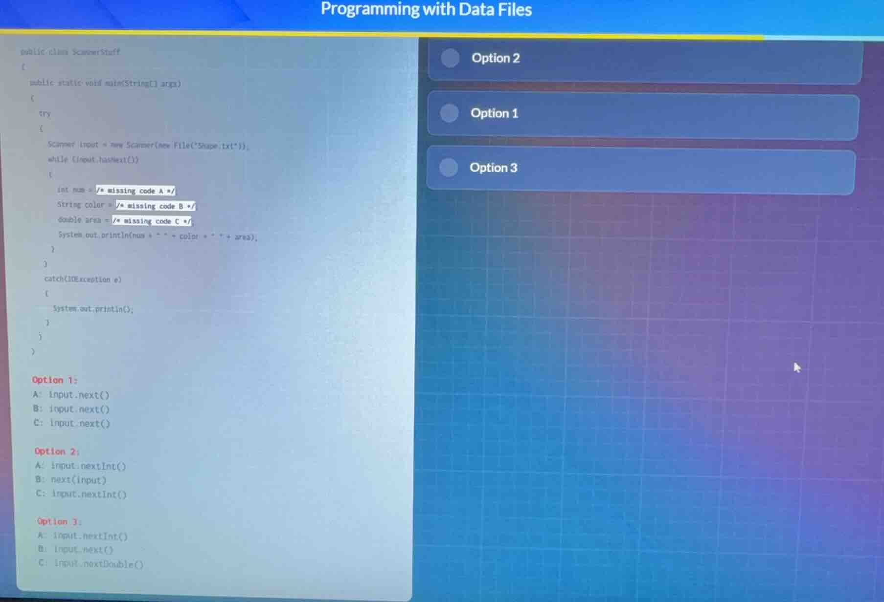 programming with data files public class scannerstuff { public static v…