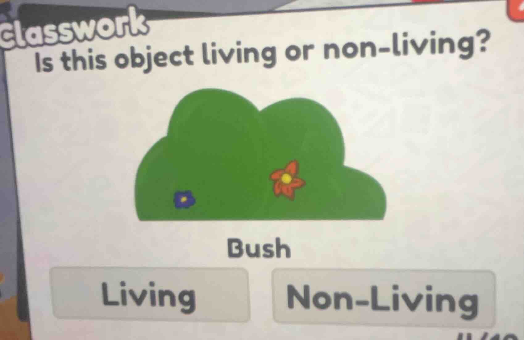 classwork is this object living or non-living? bush living non-living