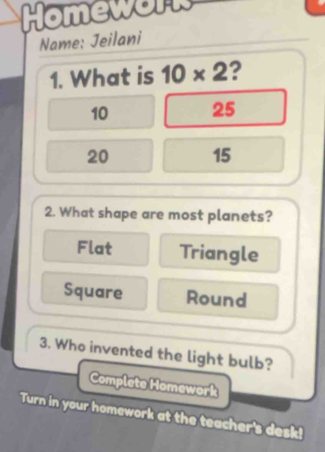1. what is \\(10 \\times 2\\)? 10 25 20 15 2. what shape are most plane…