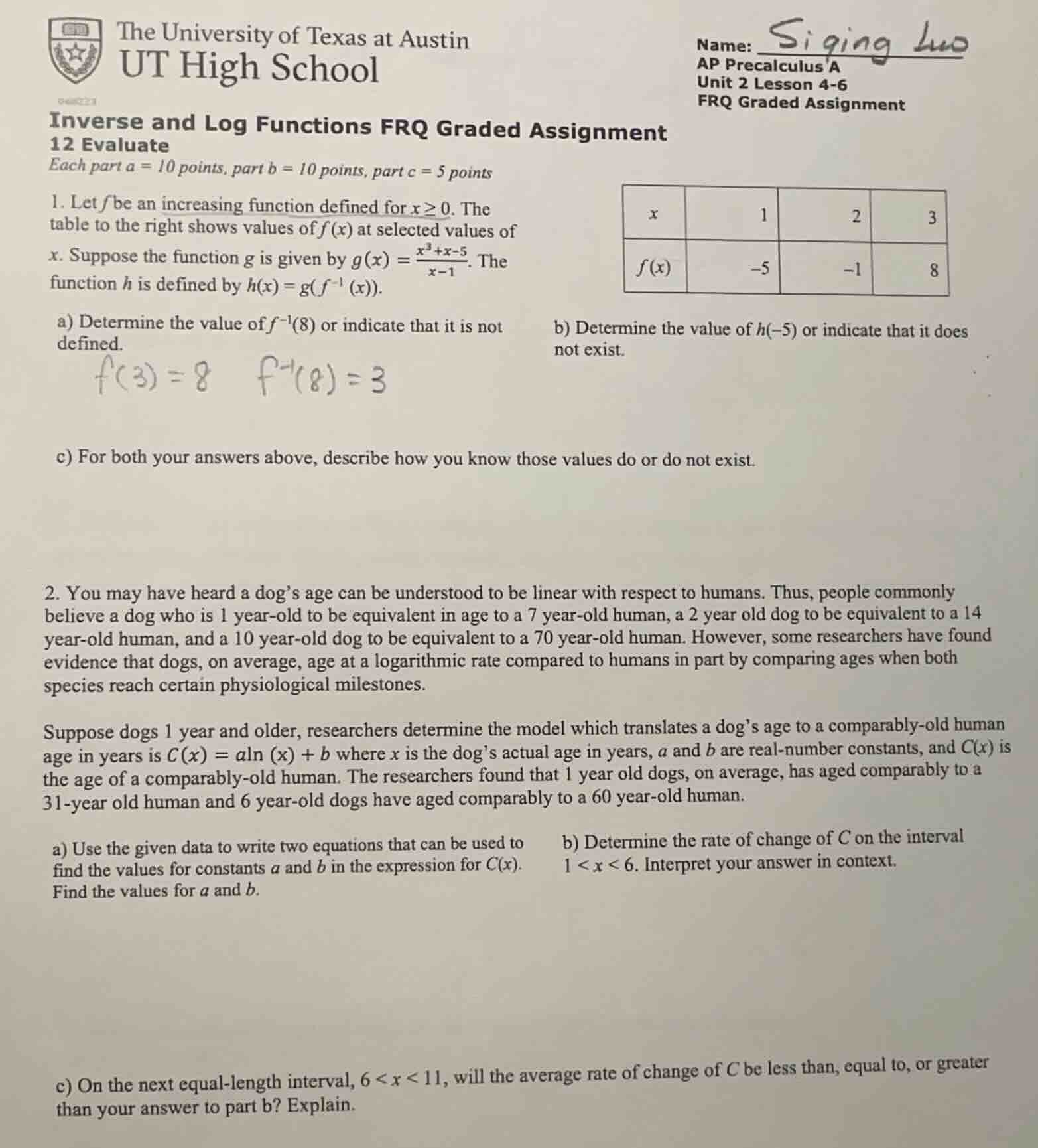 inverse and log functions frq graded assignment 12 evaluate each part a…