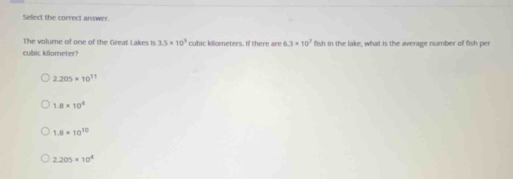 select the correct answer. the volume of one of the great lakes is \\(3…