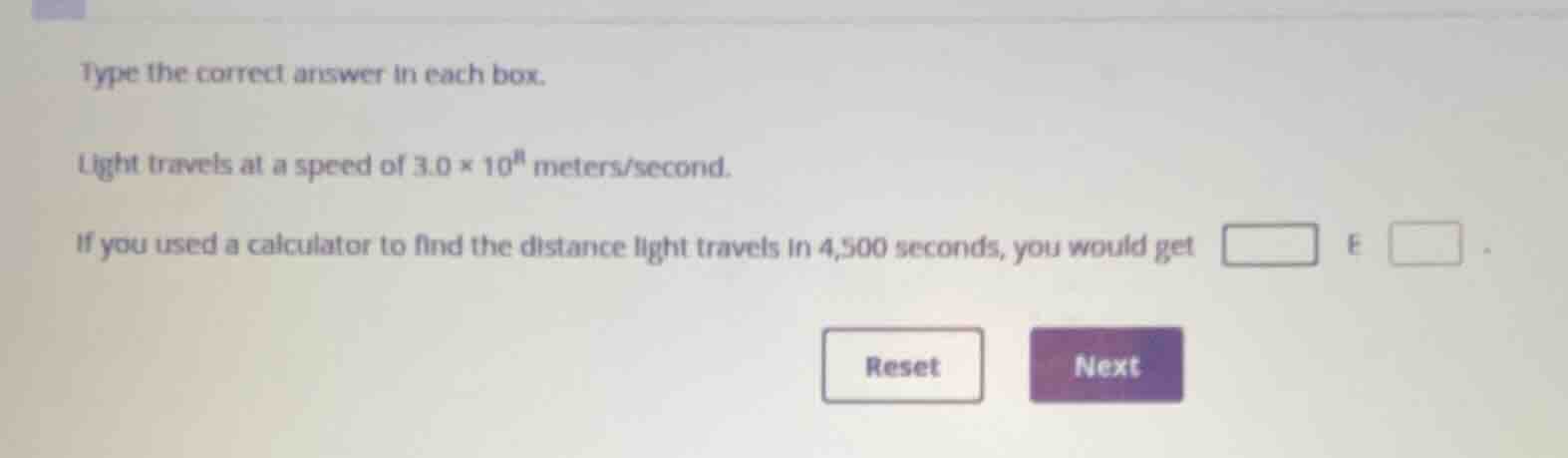 type the correct answer in each box. light travels at a speed of \\(3.0…