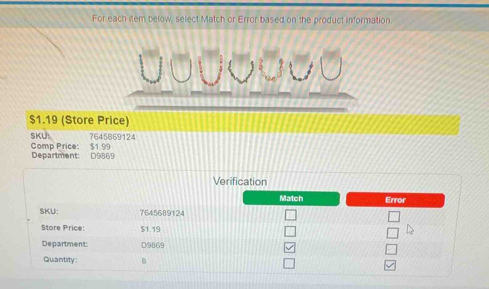 for each item below, select match or error based on the product informa…