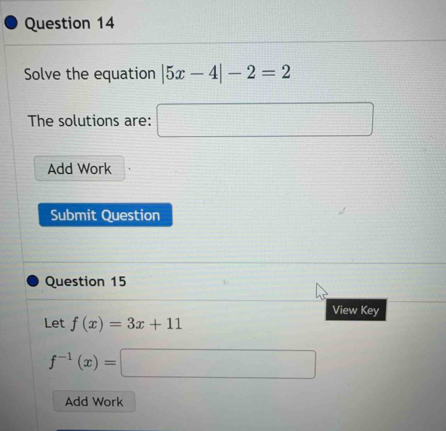 question 14 solve the equation \\(|5x - 4| - 2 = 2\\) the solutions are…