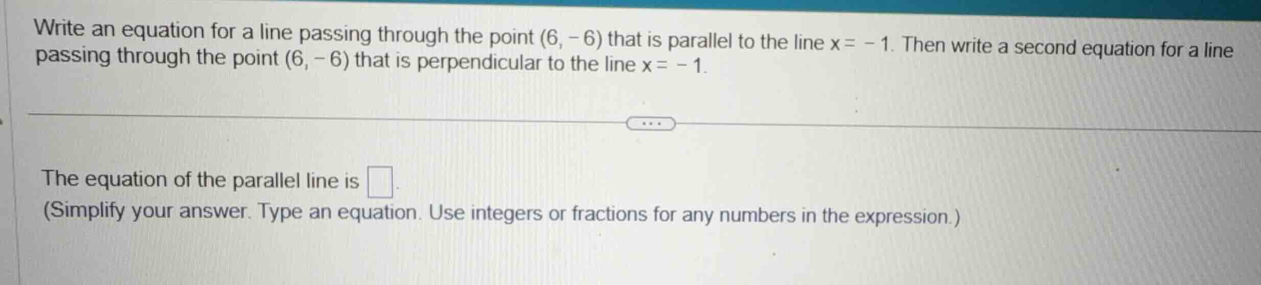 write an equation for a line passing through the point \\((6, -6)\\) th…