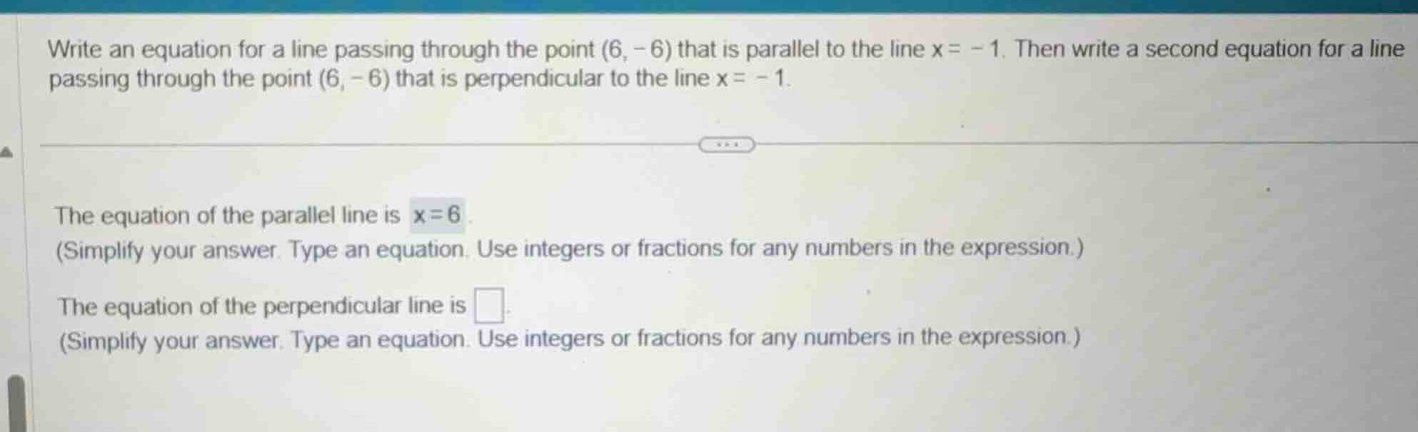 write an equation for a line passing through the point \\((6, -6)\\) th…