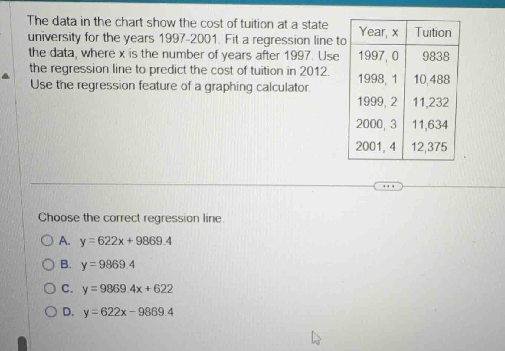 the data in the chart show the cost of tuition at a state university fo…