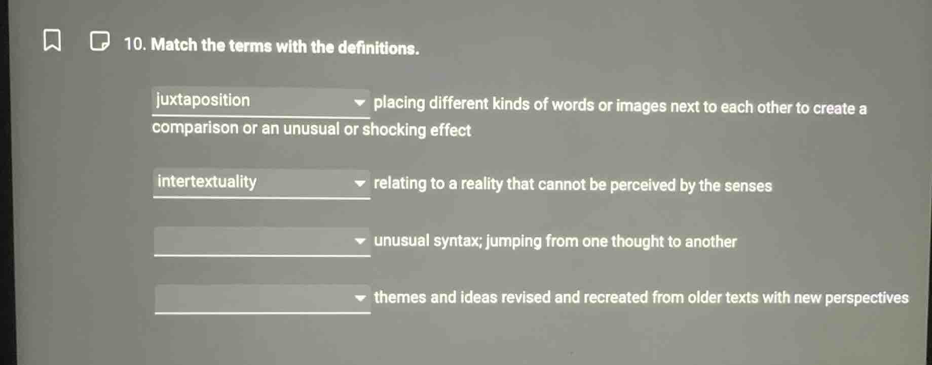 10. match the terms with the definitions. juxtaposition - placing diffe…
