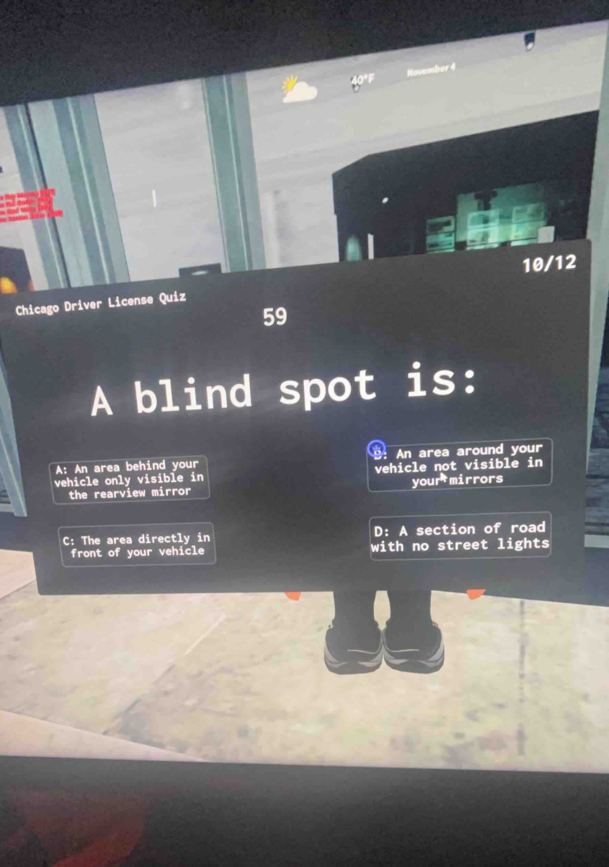 chicago driver license quiz 10/12 59 a blind spot is: a: an area behind…