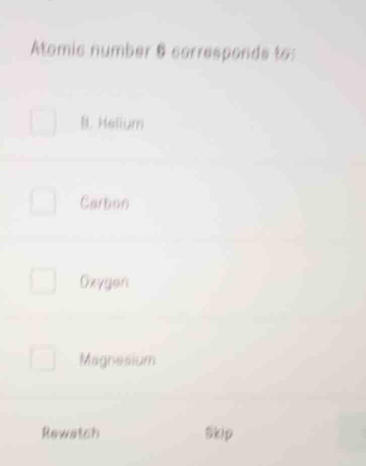 atomic number 6 corresponds to: helium carbon oxygen magnesium