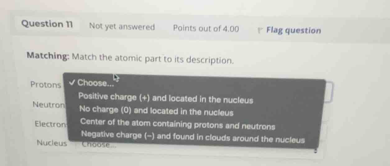 matching: match the atomic part to its description. protons neutron ele…