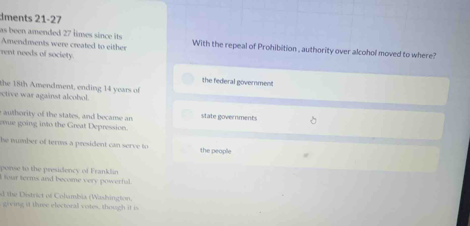 with the repeal of prohibition, authority over alcohol moved to where? …