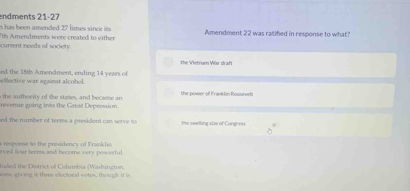 amendment 22 was ratified in response to what? the vietnam war draft th…